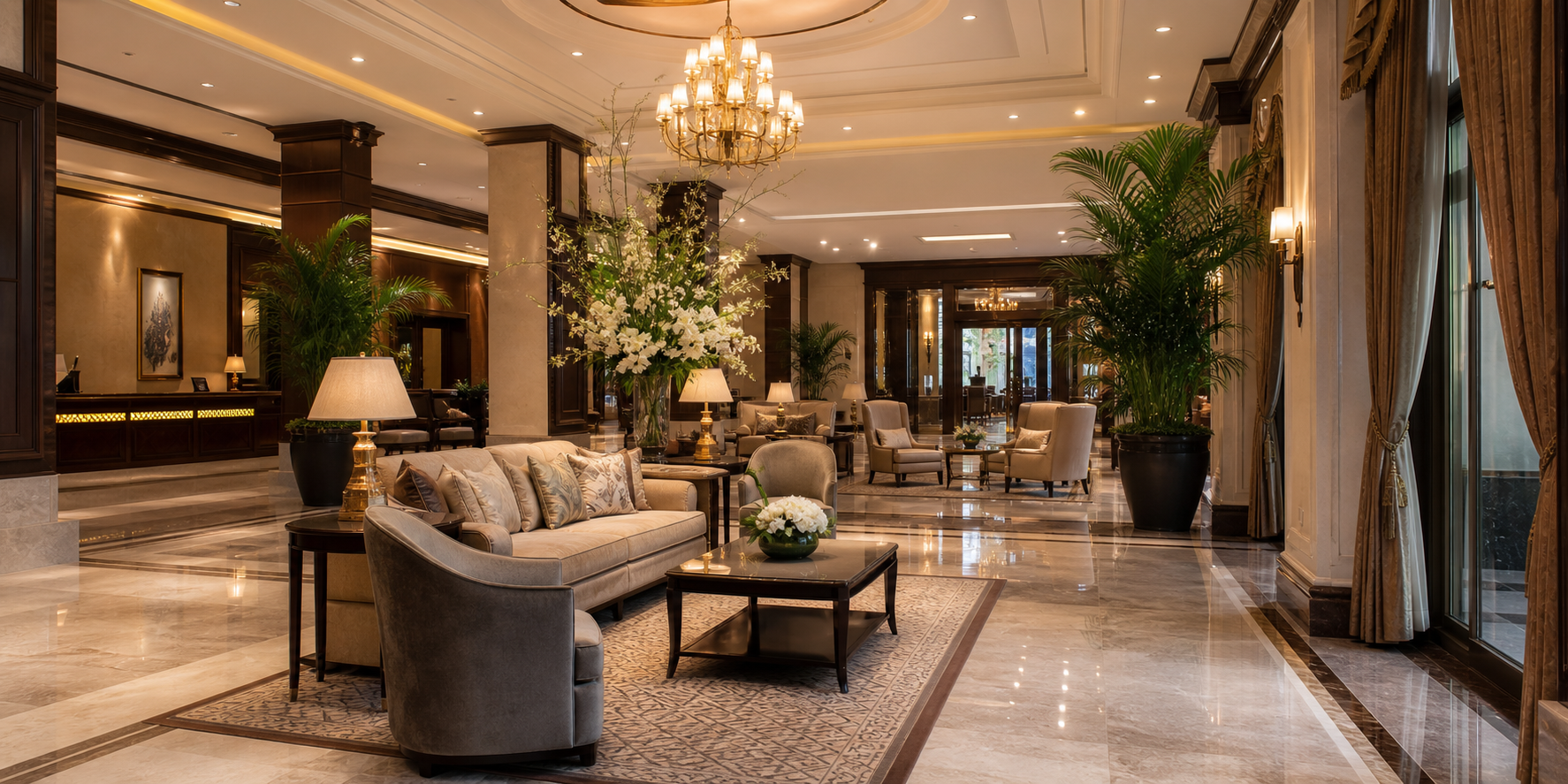 Finished hotel lobby with decorative fabrics and artificial greenery