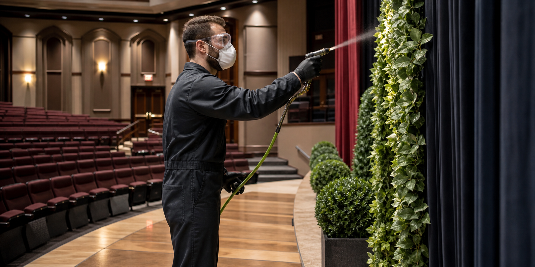 Technician flameproofing decorative fabric and artificial greenery in a finished auditorium